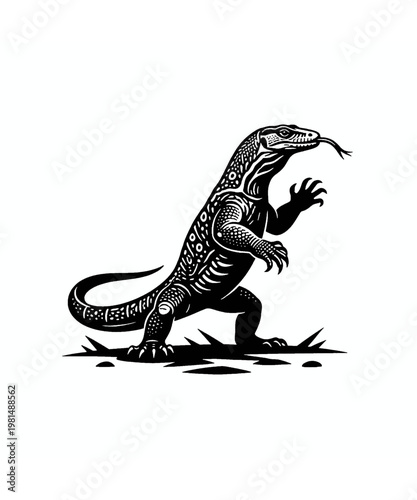 Dynamic black and white vector illustration of a powerful Komodo dragon with intricate scales, standing and flicking its tongue.