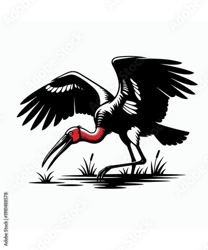 A detailed black and white illustration of a large wading bird with red neck markings foraging food