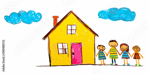 A child s drawing depicts a yellow house with a family standing outside