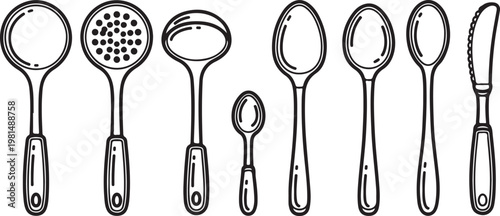 Various styles of silverware including forks, spoons, and knives in a clean line-up Vector