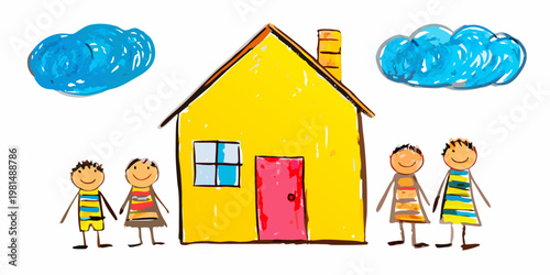A childlike drawing of a yellow house with a family in front
