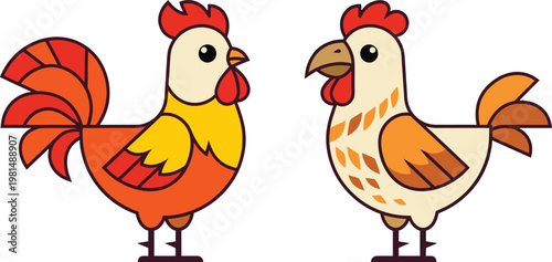 Cartoon Roosters with Vibrant Orange and Yellow Feathers for Fun Farm and Animal Illustrations