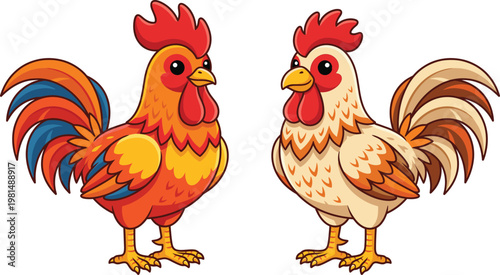 Cartoon Roosters with Vibrant Feathers in Red, Orange, and Yellow for Fun Farm Animal Illustrations