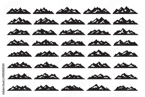 Set of mountain silhouette, hiking hill peak symbol, forest nature landscape and camping logo with christmas tree. Mountain silhouette pattern, background, icon or line art for summer travel business.