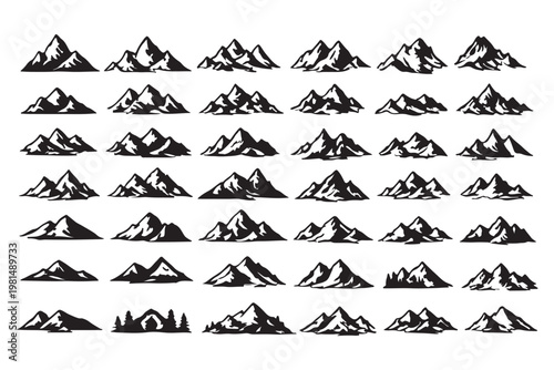 Set of vector mountain silhouette or vintage hill peak outline for forest logo or nature landscape design. Mountain silhouette pattern for hiking or camping business. Summer mountain travel line art