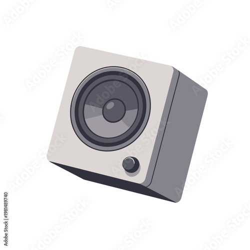 Minimalist 3D Illustration of a Single Grey Audio Studio Monitor Speaker Isolated on White Background