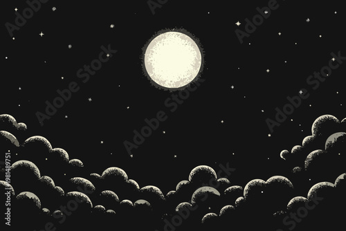 A full moon shines brightly over a landscape of dark clouds and stars