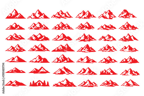 Set of vector mountain silhouette or vintage hill peak outline for forest logo or nature landscape design. Mountain silhouette pattern for hiking or camping business. Summer mountain travel line art