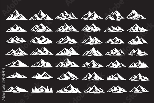 Set of vector mountain silhouette or vintage hill peak outline for forest logo or nature landscape design. Mountain silhouette pattern for hiking or camping business. Summer mountain travel line art