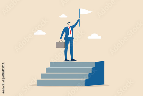 Business professional celebrates success atop stairs with a raised flag