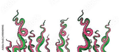 Monster octopus tentacles reaching upwards, squid-like marine animal body parts protruding from out of frame, cut for food or frame design, cartoon sketch vector illustration.