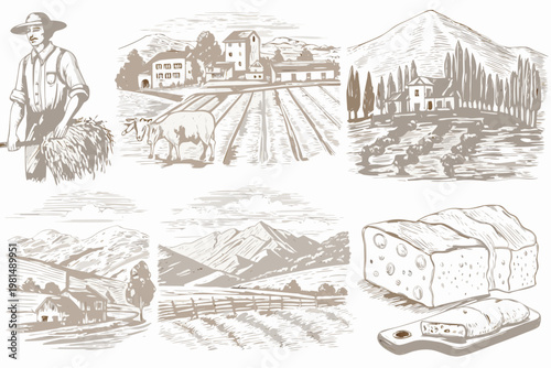 Vintage sketch depicting rural life farming landscape and dairy products
