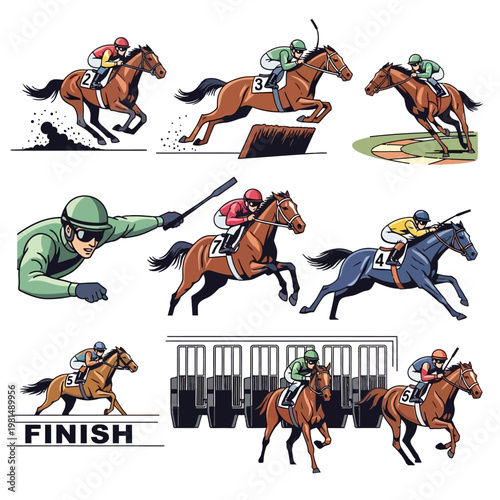 Horse Racing Action: Jockeys Compete in Thrilling Race, Hurdles, Starting Gates, Finish Line