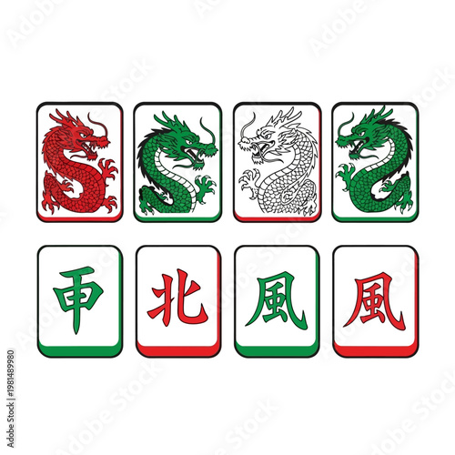 Mahjong Tiles: Dragons and Winds - Red, Green, White