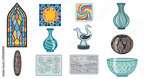 Pixel Art Collection: Stained Glass, Vases, Sun Mosaic, Sculpture, Bowl, Landscape