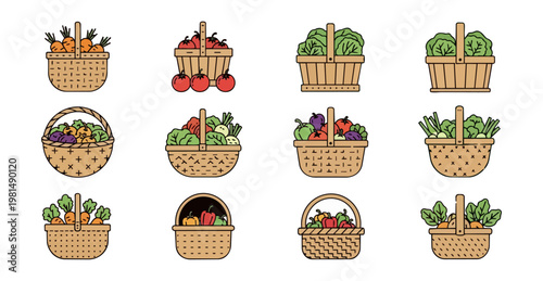 Vegetable baskets collection assorted produce display on black background