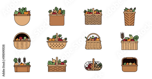 Vegetable baskets collection food items isolated illustration