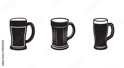 Three black and white illustrations of beer mugs with different foam levels  isolated on white background