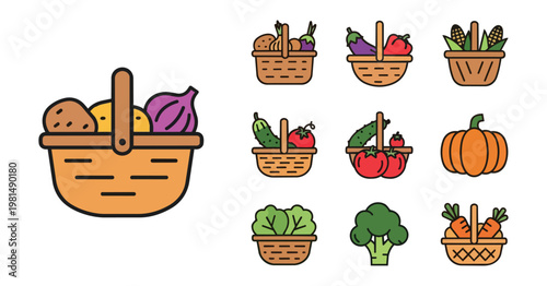 Vegetable baskets illustration with assorted harvest produce