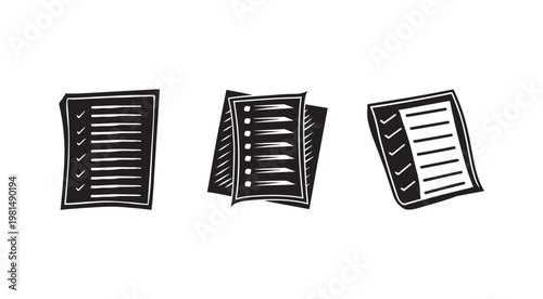 Three black and white illustrations of checklists on paper sheets with lines and checkmarks  isolated on white background