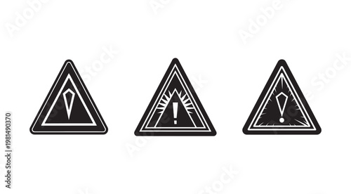 Three black and white triangular warning signs with different symbols on white background  hazard alert icons