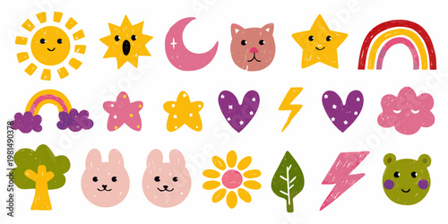Playful hand drawn illustrations of suns moons stars and cute animal characters