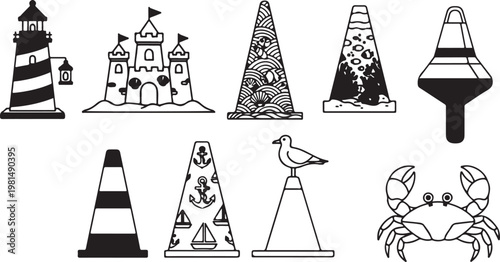 A whimsical illustration of architectural structures and a friendly robot Vector