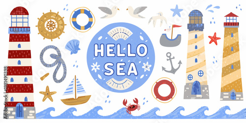 A colorful collection of nautical elements including lighthouses shells and sea creatures