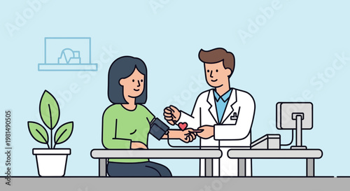 Doctor measuring patient's blood pressure in a clinic, healthcare checkup concept