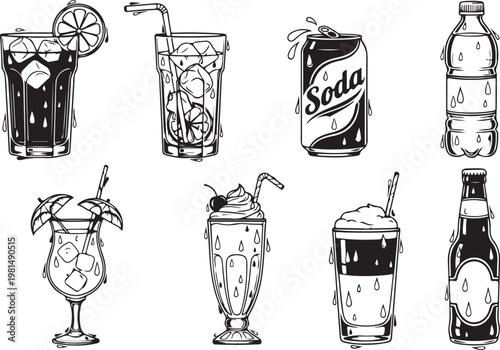 Vintage soda bottles and glassware in a retro advertisement style Vector