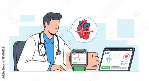 Doctor monitoring heart health with smartwatch and tablet showing ECG data