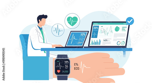 Doctor monitoring patient's health data on smartwatch and laptop, modern healthcare technology
