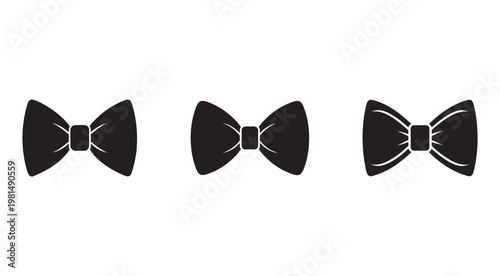 Three black bow tie icons in different shapes and sizes  simple elegant necktie accessories