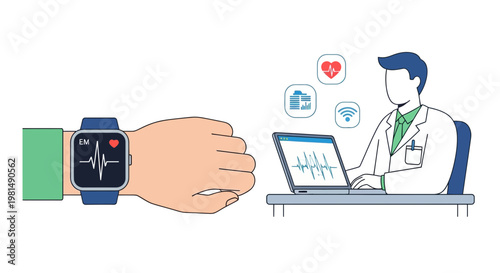 Doctor monitoring patient's heart rate via smartwatch and laptop, telemedicine concept