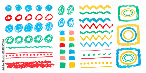 Colorful crayon scribbles and shapes arranged in neat rows