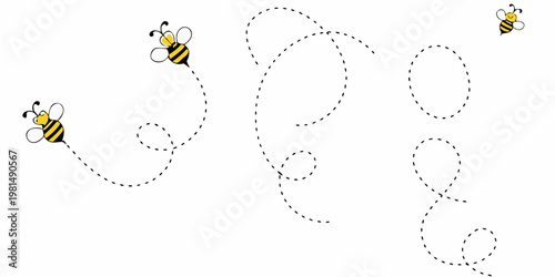 Three bees flying with whimsical dotted trails against a white background