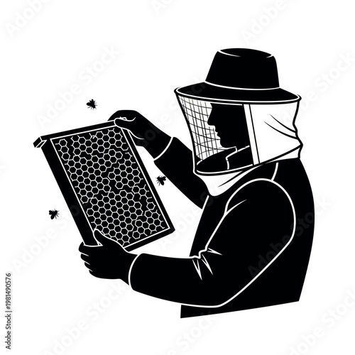 Beekeeper inspecting honeycomb frame with bees.