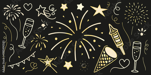 Golden new year s eve doodles with fireworks champagne and party decorations