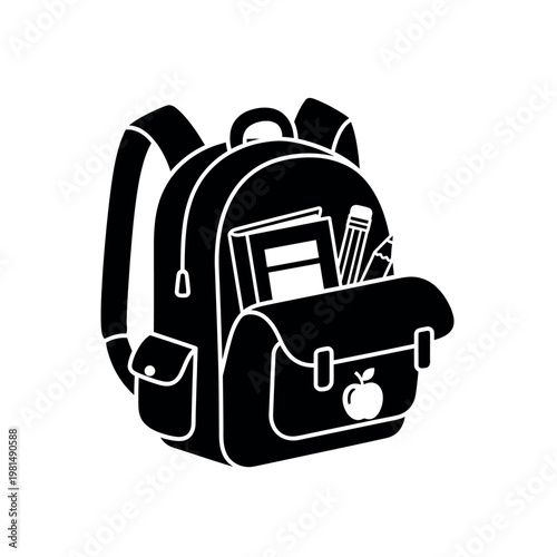 Black and white illustration of a backpack filled with school supplies.