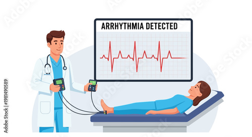 Doctor monitors patient with arrhythmia detected on ECG screen, medical diagnosis concept
