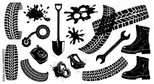 Off Road Adventure Gear Collection with Tire Tracks and Mud Splash Grunge Texture Vector Illustration