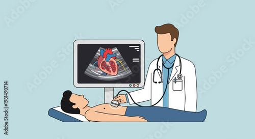 Doctor performs echocardiogram on patient, displaying heart ultrasound on screen