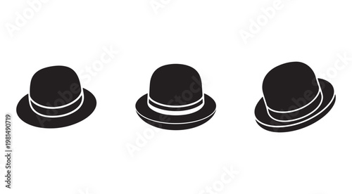 Three black bowler hats with white bands in different angles and positions on white background  simple illustrations