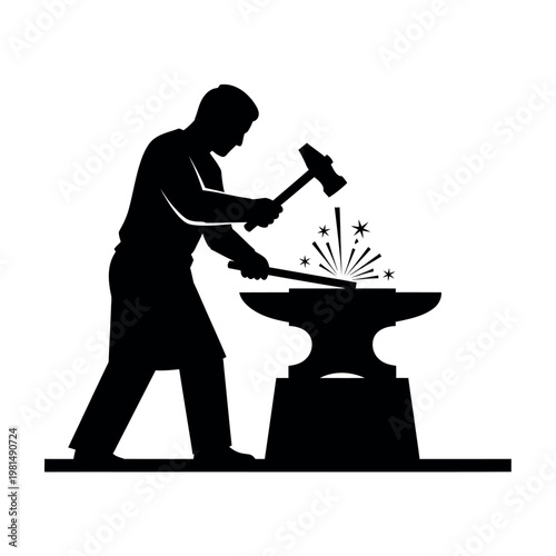 Blacksmith working on anvil with hammer and sparks.