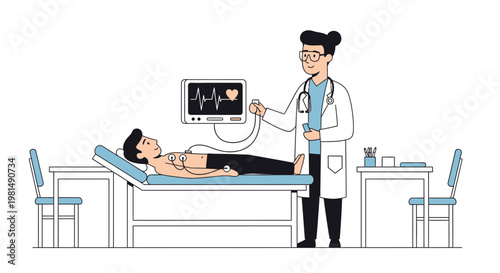 Doctor performs electrocardiogram on patient lying on examination table in clinic