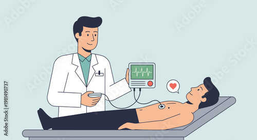 Doctor performs electrocardiogram on patient lying on examination table, heart monitor shows ECG