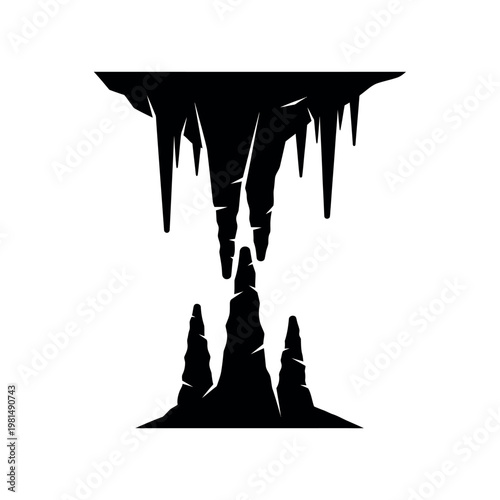 Cave formations silhouette stalactites and stalagmites.