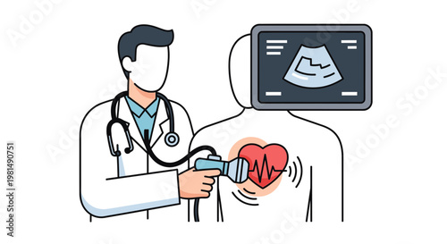 Doctor performs heart ultrasound scan, showing cardiac activity on screen