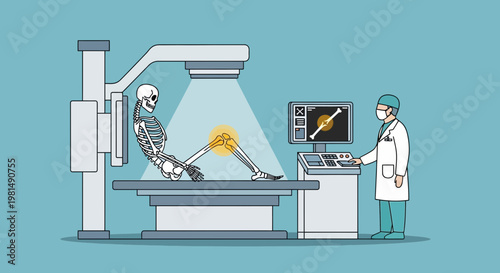 Doctor performs X-ray on patient's knee, highlighting pain area on digital screen