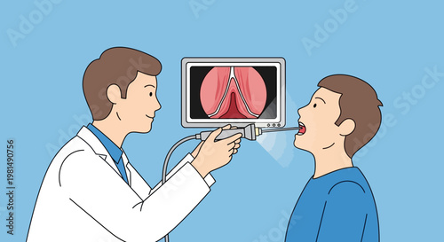 Doctor performs laryngoscopy on patient, examining vocal cords on monitor